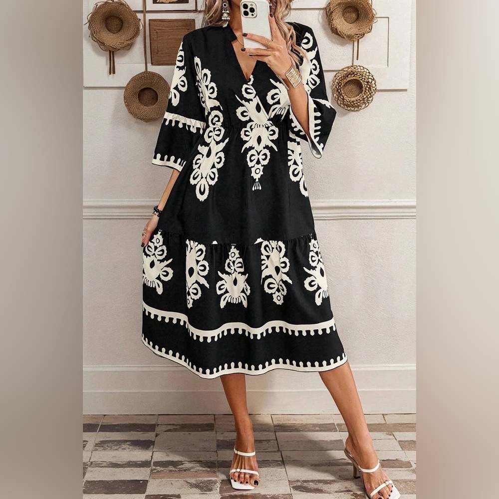 Chic Black and White Floral Midi Dress